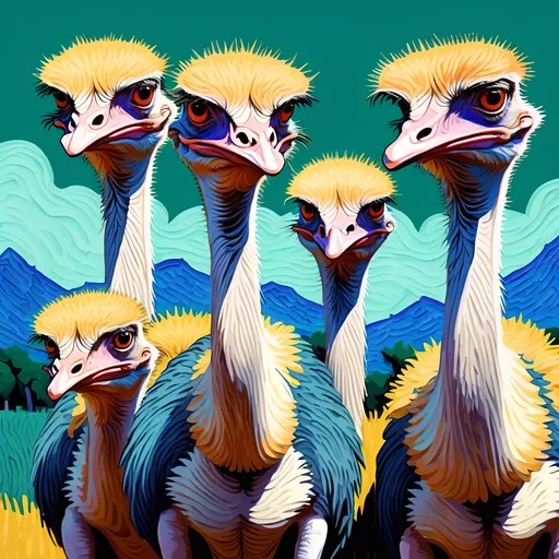 Prompt: vaporwave van gogh painting of a group of ostriches