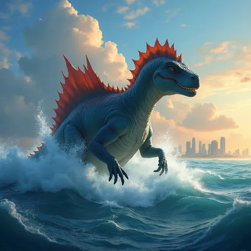 Prompt: Create a hyper-detailed digital painting of a giant spinosaur emerging dramatically from the ocean near Colombo, Sri Lanka. The spinosaur should have a powerful and dynamic build with a prominent sail, fierce eyes, and an intimidating stance. The creature's massive form contrasts with the churning ocean waves, while the background features a vibrant tropical sky and the modern Colombo skyline, with hints of distant high-rise buildings. Emphasize dynamic lighting, atmospheric effects, and cinematic realism to capture both the primal power of the spinosaur and the allure of the tropical coastal environment.