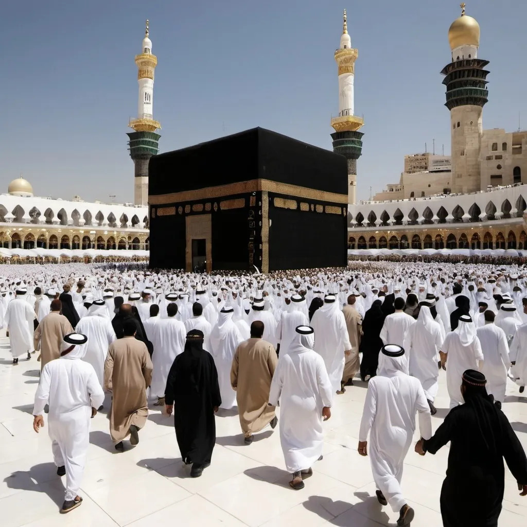 Prompt: A picture of the collapse of the Holy Kaaba and the pilgrims turn around and run into the sanctuary, asking for rescue