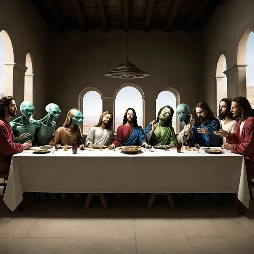 Prompt: THE LAST SUpper TABLE BUT ALIENS ARE SITTING INSTEAD OF HUMANS