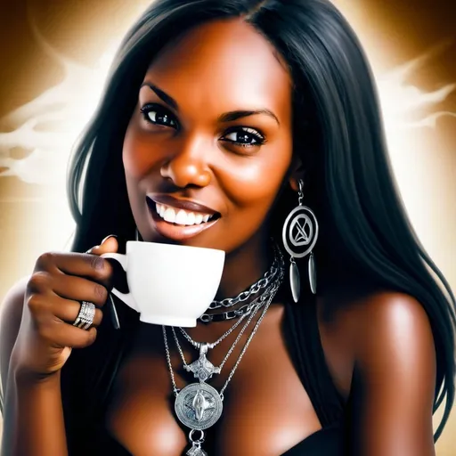 Prompt: A digital airbrush artwork with a 12x12 aspect
ratio depicting an African American woman sitting sipping a cup of steaming tea. Steam vapors can be seen arising from the cup.
 Her extra long straight hair cascades freely over her shoulders.
She is dressed in a black form fitting dress . She is wearing various chains with crystal stones and an African Ankh.  Her facial expression is one of smugness. and her mouth is closed.