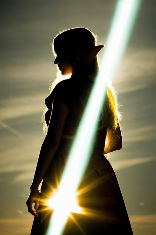 Prompt: Young female elf mage silhouette emitting pure light