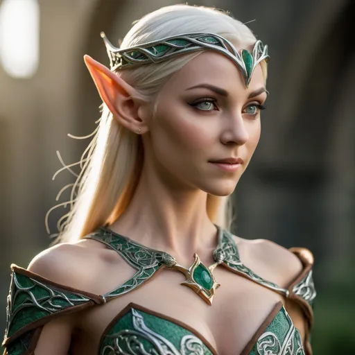 Prompt: photo_quality__figure.__intricate__highly_detailed, alluring, medieval, elven pointed ears, elf princess in a dynamic pose_perfect chest. Large chest_elegant__smooth__sharp_focus___Sony_Alpha__7__ISO2750