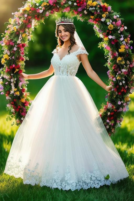 Prompt: beautiful queen of spring, wreath of flowers on head, smiling, sheer dress, full body, backlit
