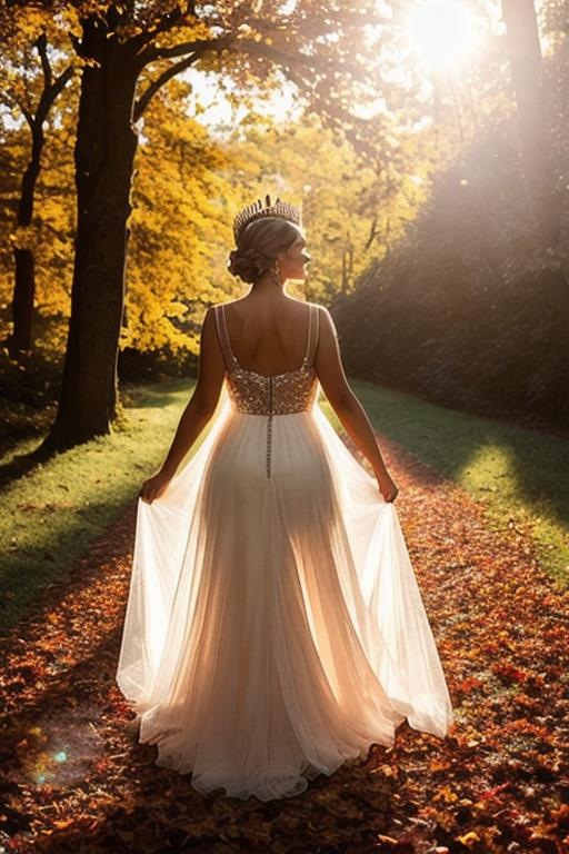 Prompt: beautiful queen of autumn, crown of leaves on head, smiling, sheer dress, full body, backlit
