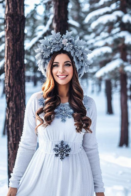 Prompt: beautiful queen of winter, wreath of snowflakes on head, smiling, full body, dress
