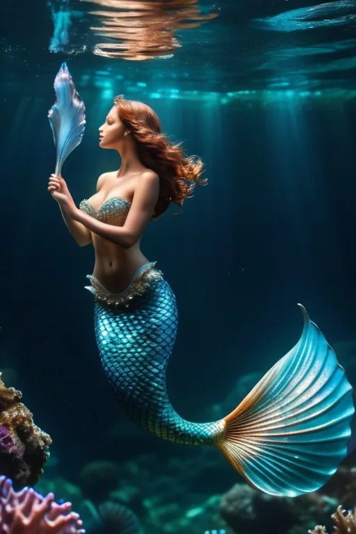 Prompt: highly detailed, full body photo of a mermaid, swimming far below surface. scallop shell top, perfect chest, large chest. Professional photography, bokeh, natural lighting, canon lens, shot on dslr 64 megapixels sharp focus