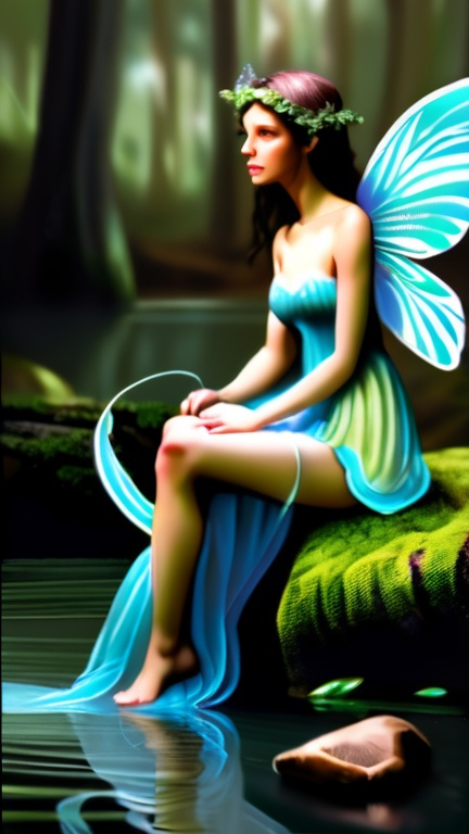 Prompt: Full body Photo of a fairy with delicate filagree wings sitting next to a clear stream running through a Sylvan forest.