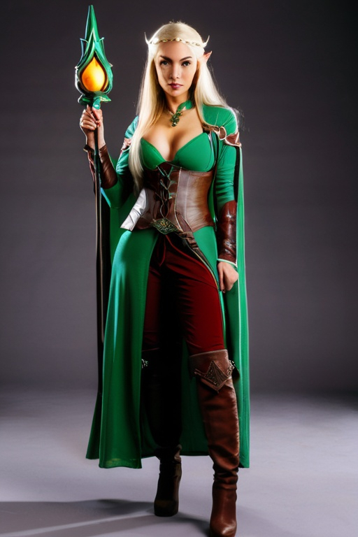 Prompt: full body photo of a female medieval fantasy elven mage with staff