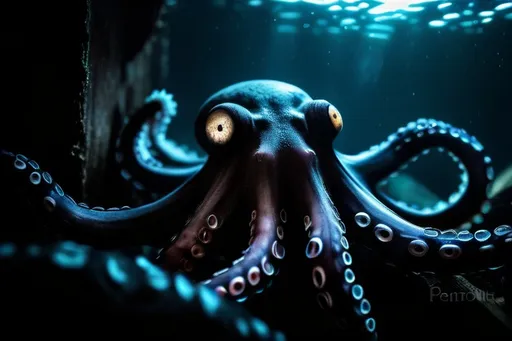 Prompt: Photo of a evil, giant, ink-black octopus hiding in a cloud of black ink in the black shadows deep inside a wooden shipwreck at the bottom of the dark ocean, tentacles, large eyes glowing in the dark, very dark, black. Professional photography, bokeh, natural lighting, canon lens, shot on dslr 64 megapixels sharp focus