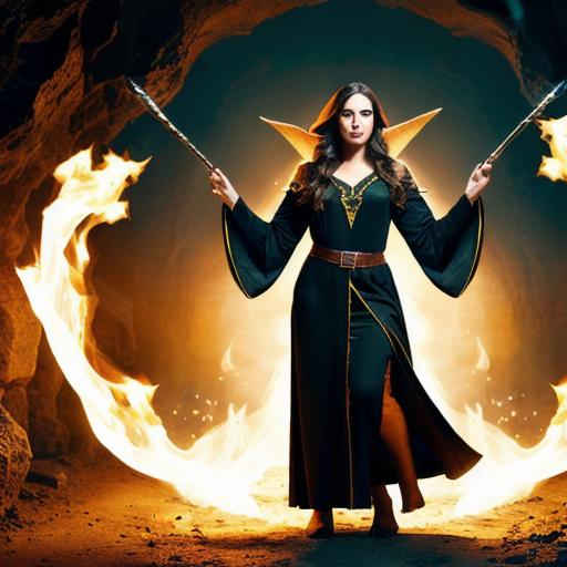 Prompt: 
photo, female elf mage, brunette, dark robes, dynamic pose, casting spell, in cave