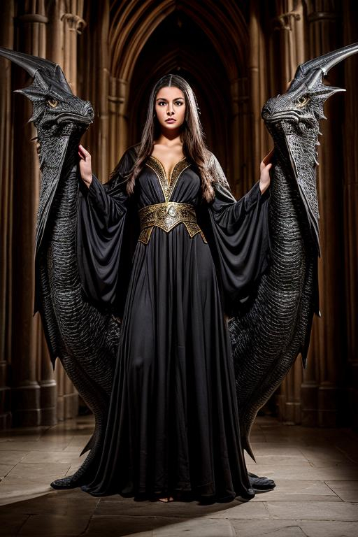 Prompt: photo young female elven mage wearing robes, brunette, pointed ears, in a castle, dynamic pose with a 25' long black dragon