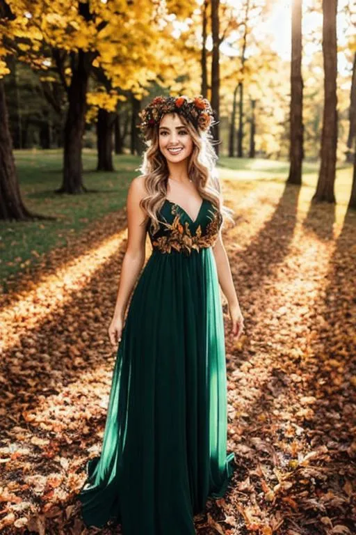 Prompt: beautiful queen of autumn, wreath of leaves on head, smiling, sheer dress, full body, backlit

