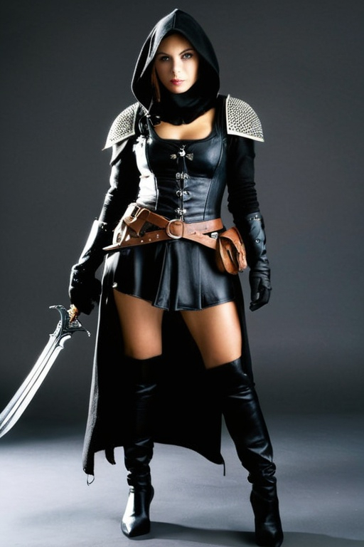 Prompt: full body photo of a female medieval fantasy thief with weapons and equipment