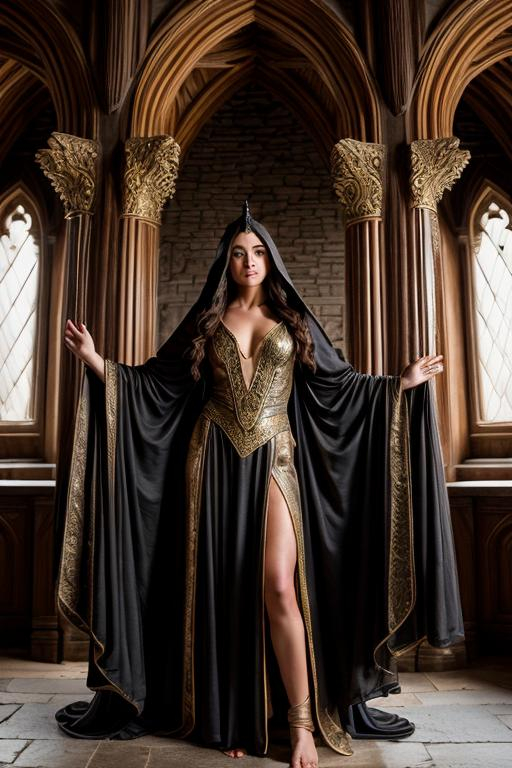 Prompt: photo young female elven mage wearing robes, brunette, pointed ears, in a castle, dynamic pose with a 25' long black dragon