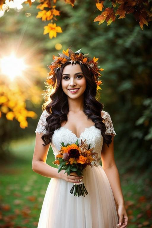 Prompt: beautiful queen of autumn, wreath of leaves on head, smiling, sheer dress, full body, backlit
