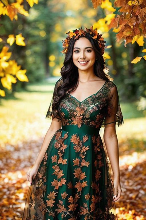 Prompt: beautiful queen of autumn, wreath of leaves on head, smiling, sheer dress, full body, backlit
