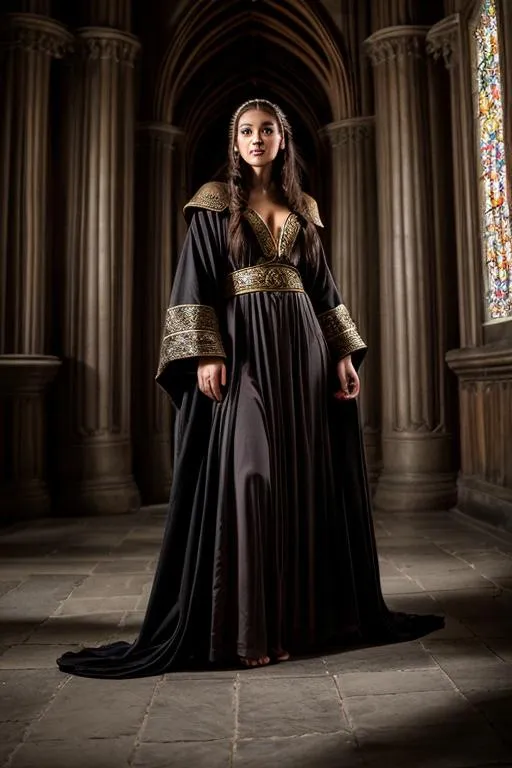 Prompt: photo young female elven mage wearing robes, brunette, pointed ears, in a castle with a 25' long black dragon