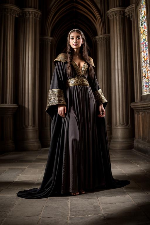 Prompt: photo young female elven mage wearing robes, brunette, pointed ears, in a castle with a 25' long black dragon