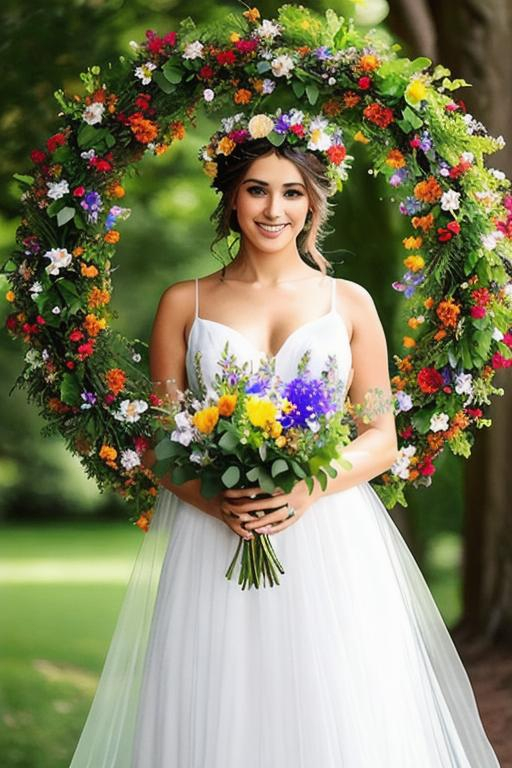 Prompt: beautiful queen of summer, wreath of flowers on head, smiling, sheer dress, full body, backlit
