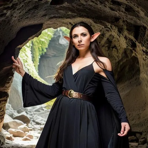 Prompt: 
photo, female elf mage, pointed ears, brunette, dark robes, dynamic pose, casting spell, in cave