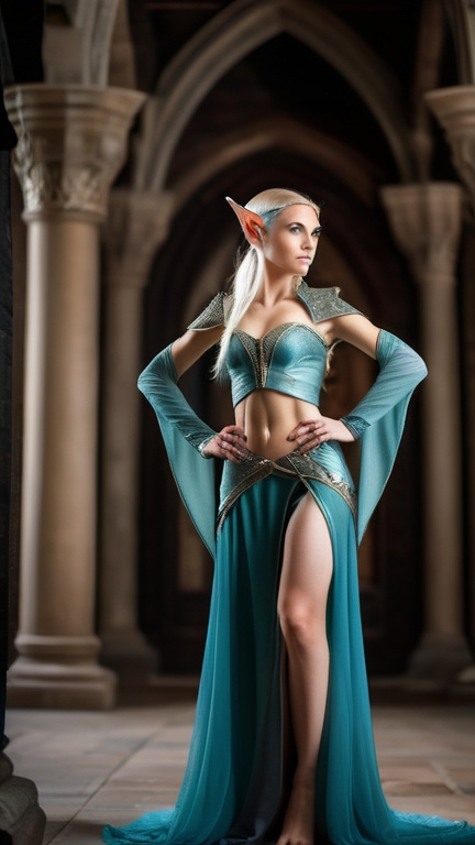 Prompt: photo of full body, intricate, highly detailed, alluring, medieval, elven pointed ears, elf princess in a dynamic pose, perfect chest. Large chest elegant, smooth, sharp focus, Sony Alpha 7 ISO2750