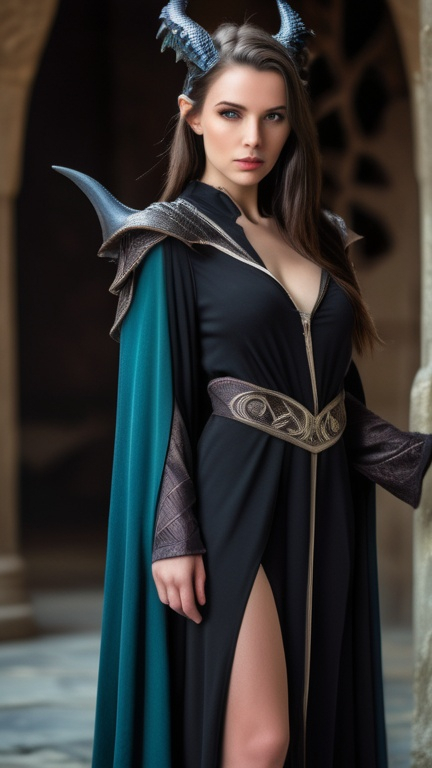 Prompt: photo young female elven mage wearing robes, brunette, pointed ears, in a castle, dynamic pose with a 25' long black dragon