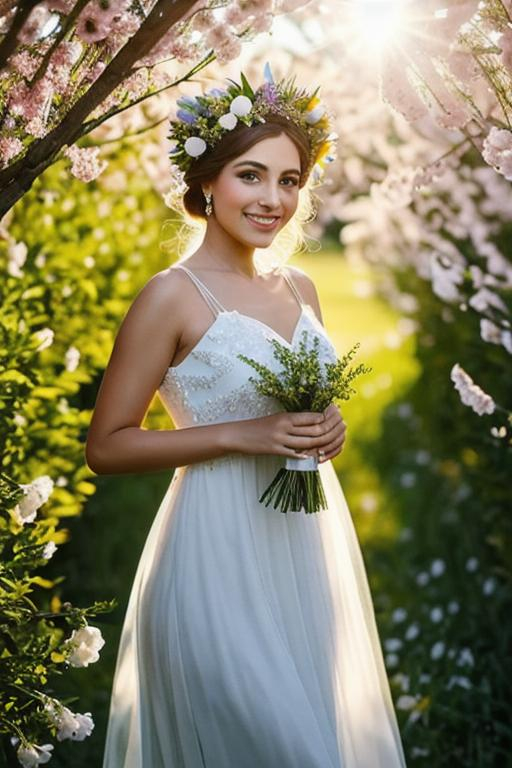 Prompt: beautiful queen of spring, wreath of flowers on head, smiling, sheer dress, full body, backlit
