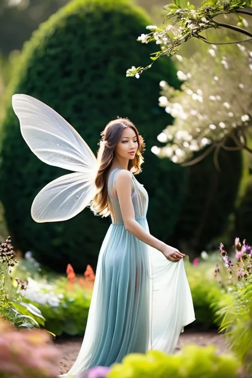 Prompt: A three inch tall faerie with long hair, delicate, intricate wings, in a long, airy transparent dress, flying in a flower garden. Professional photography, bokeh, natural lighting, canon lens, shot on dslr 64 megapixels sharp focus