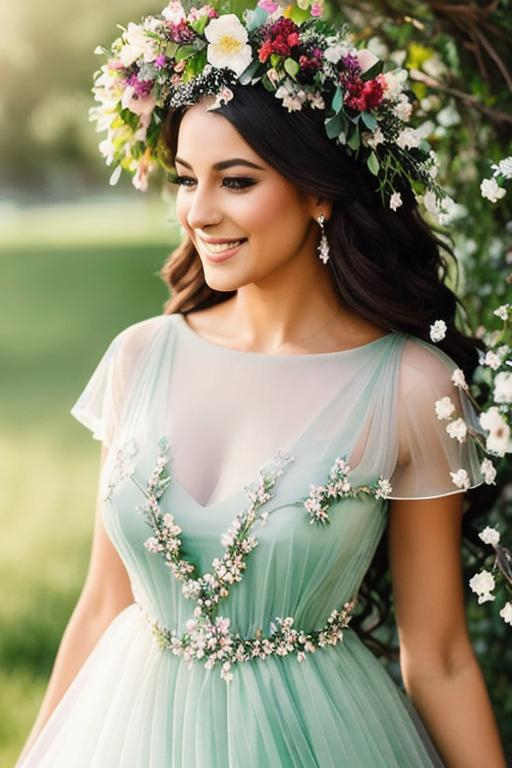 Prompt: beautiful queen of spring, wreath of flowers on head, smiling, sheer dress, full body
