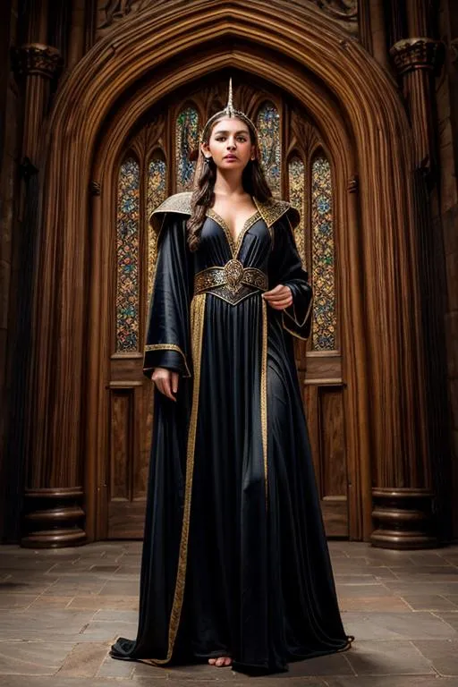 Prompt: photo young female elven mage wearing robes, brunette, pointed ears, in a castle, dynamic pose with a 25' long black dragon