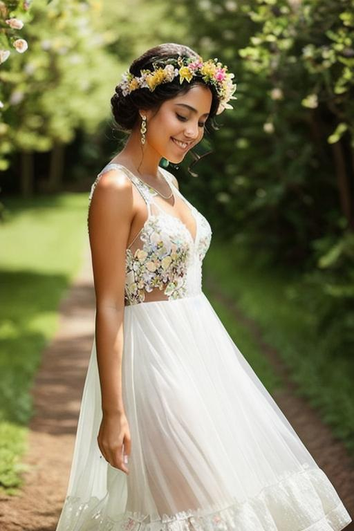 Prompt: beautiful queen of summer, crown of flowers on head, smiling, sheer dress, full body, backlit
