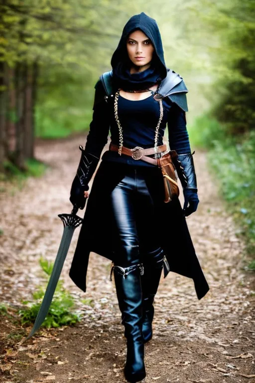 Prompt: full body photo of a female medieval fantasy thief with weapons and equipment