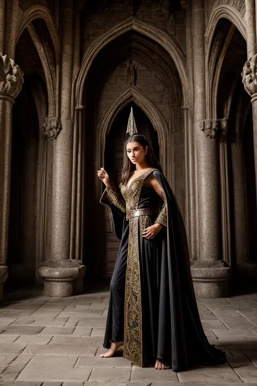 Prompt: photo young female elven mage wearing robes, brunette, pointed ears, in a castle, dynamic pose with a 25' long black dragon