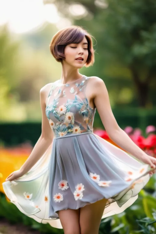 Prompt: A three inch tall woman with short hair, in a short, airy transparent dress, flying in a flower garden. Professional photography, bokeh, natural lighting, canon lens, shot on dslr 64 megapixels sharp focus
