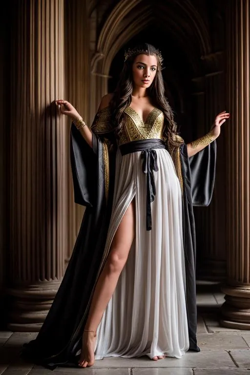 Prompt: photo young female elven mage wearing robes, brunette, pointed ears, in a castle with a 25' long black dragon
