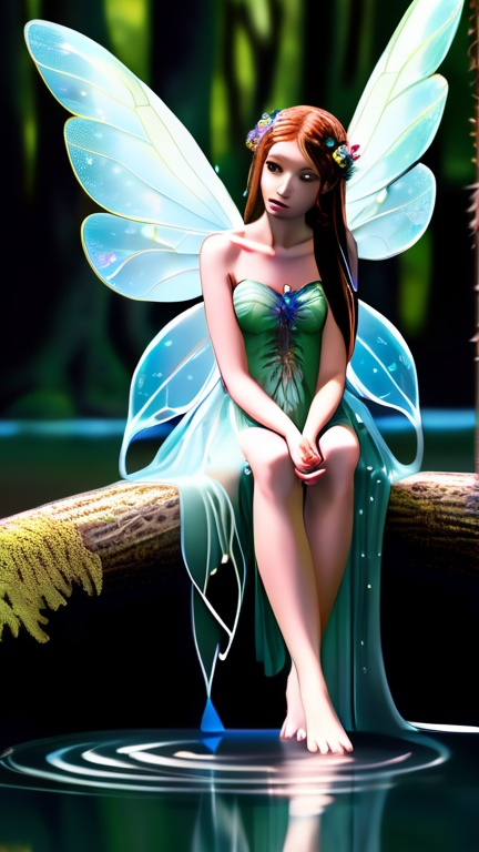 Prompt: Full body Photo of a fairy with delicate filagree wings sitting next to a clear stream running through a Sylvan forest.