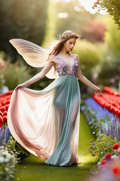 Prompt: A three inch tall faerie with long hair, delicate, intricate wings, in a long, airy transparent dress, flying in a flower garden. Professional photography, bokeh, natural lighting, canon lens, shot on dslr 64 megapixels sharp focus