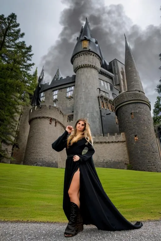 Prompt: photo young female elven mage wearing robes, brunette, pointed ears, in a castle, dynamic pose with a 25' long black dragon