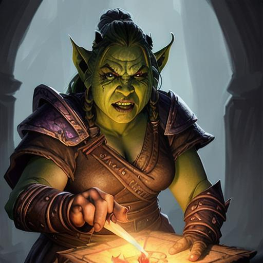 Prompt: a female orc cleric casting a spell ::2 dungeons and dragons character portrait of an orc cleric:: a fantasy battle mage using forbidden dark magic::1.1 --ar 2:3 --v 5 --s 250 --q 2