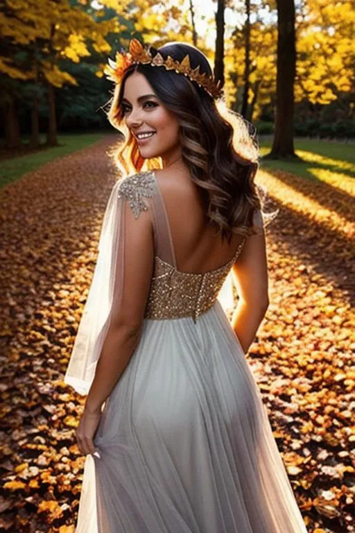 Prompt: beautiful queen of autumn, crown of leaves on head, smiling, sheer dress, full body, backlit
