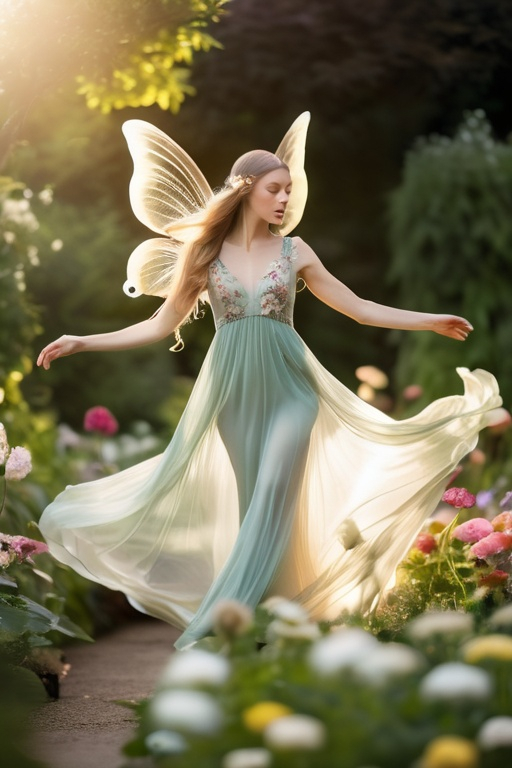 Prompt: A three inch tall faerie with long hair, delicate, intricate wings, in a long, airy transparent dress, flying in a flower garden. Professional photography, bokeh, natural lighting, canon lens, shot on dslr 64 megapixels sharp focus