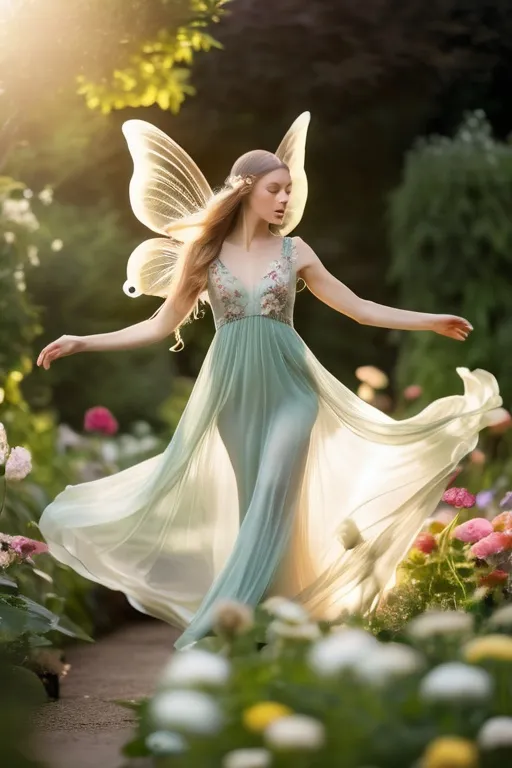 Prompt: A three inch tall faerie with long hair, delicate, intricate wings, in a long, airy transparent dress, flying in a flower garden. Professional photography, bokeh, natural lighting, canon lens, shot on dslr 64 megapixels sharp focus