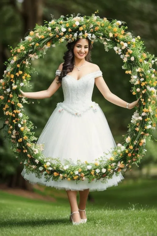 Prompt: beautiful queen of spring, wreath of flowers on head, smiling, gown, full body
