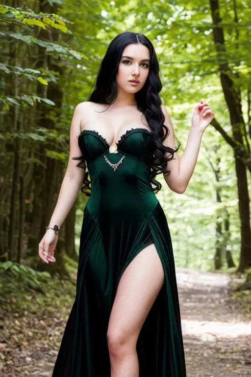 Prompt: Young female with waves of long black hair, brilliant green eyes, as a succubus.