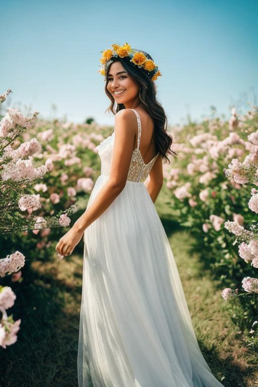 Prompt: beautiful queen of summer, crown of flowers on head, smiling, sheer dress, full body, backlit
