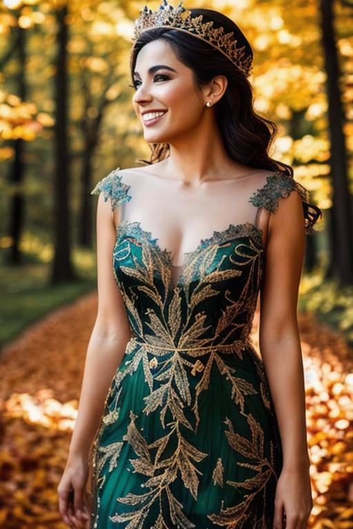 Prompt: beautiful queen of autumn, crown of leaves on head, smiling, sheer dress, full body, backlit
