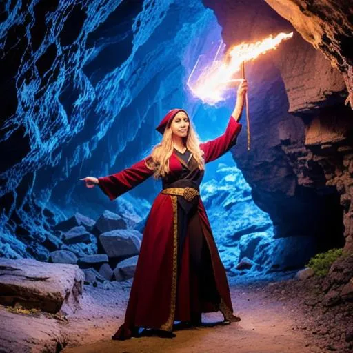 Prompt: 
photo, female elf mage, brunette, dark robes, dynamic pose, casting spell, in cave