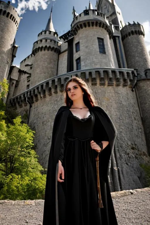 Prompt: photo young female elven mage wearing robes, brunette, pointed ears, in a castle, dynamic pose with a 25' long black dragon