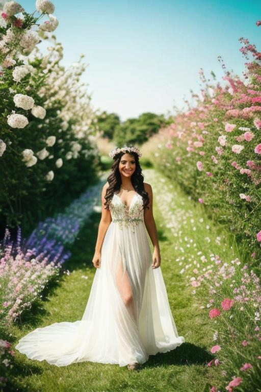 Prompt: beautiful queen of summer, crown of flowers on head, smiling, sheer dress, full body, backlit
